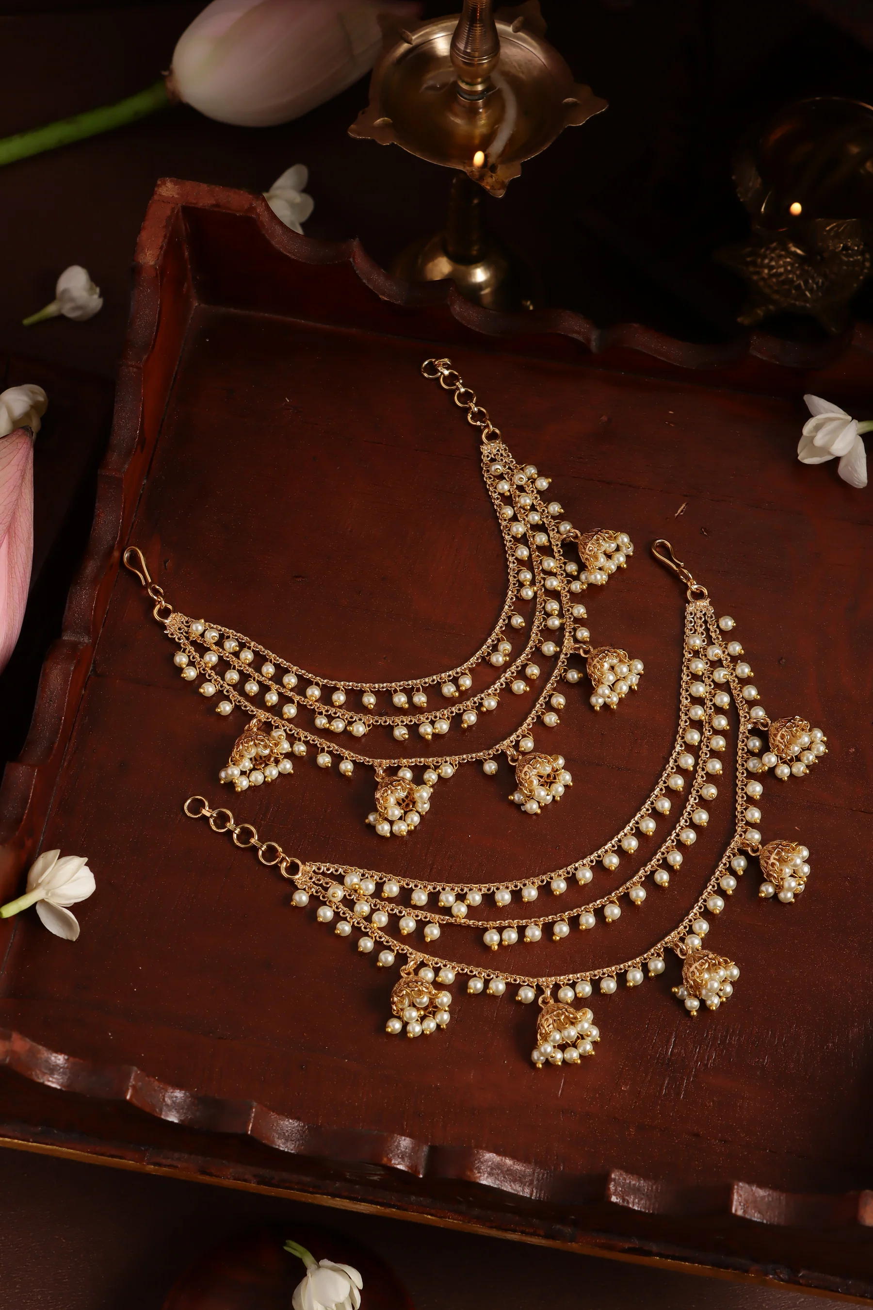 Triple Line Pearl Jhumka Earchain